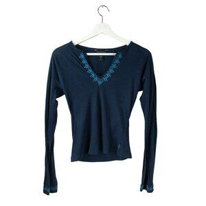 ABERCROMBIE Long Sleeve Tee Womens V-Neck Embroidered Navy Blue 100% Cotton  M
